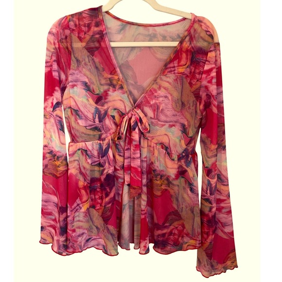 SHEIN Tops - Pink Printed Sheer Mesh Flare Sleeve‎ Fairy Babydoll Top Shein Size L